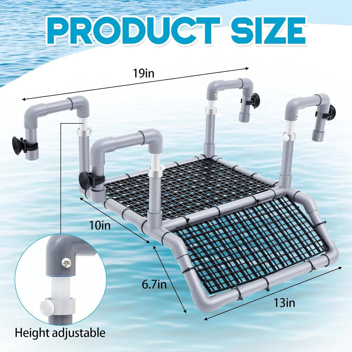 Adjustable turtle basking platform size diagram with black grid ramp and gray pipe legs
