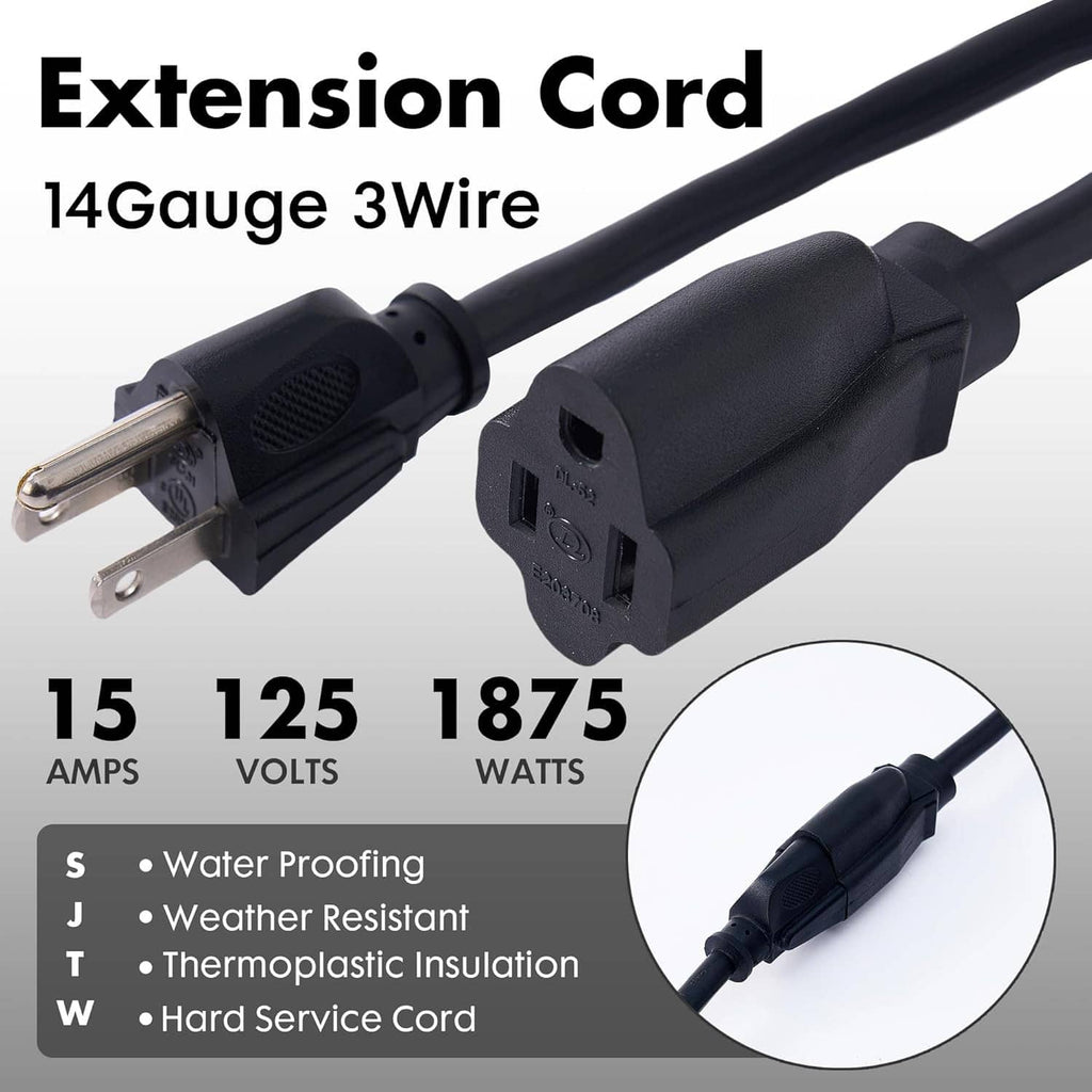 Black heavy-duty extension cord showing 3-prong plug and grounded outlet connector ends