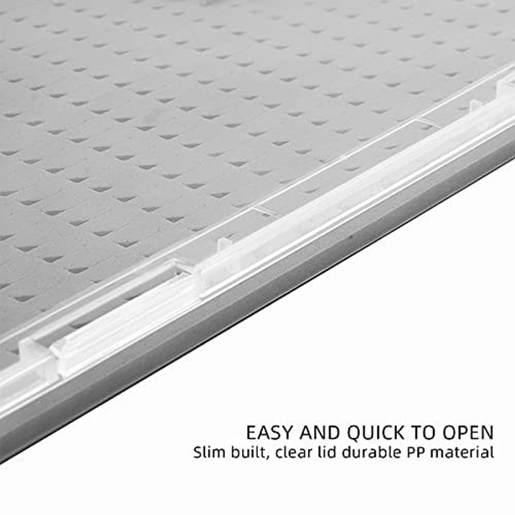 Extra-large clear fly fishing storage box edge with latch and gray perforated foam insert