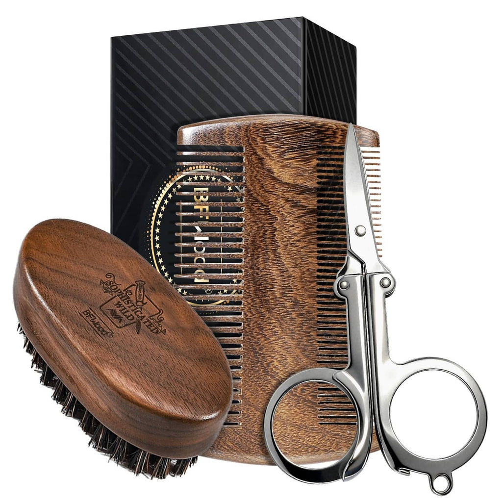 Beard grooming kit set with wooden brush, beard comb, and folding scissors