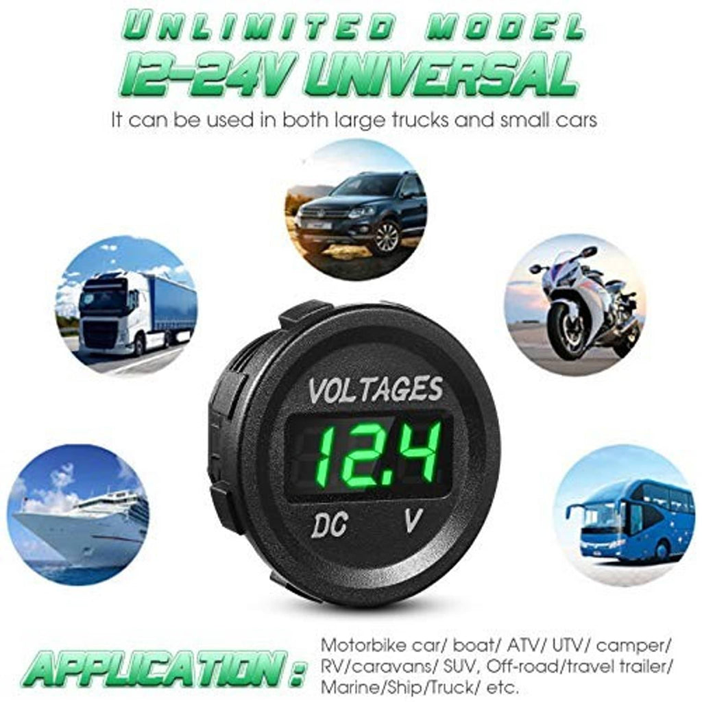 Universal DC car voltage gauge with green LED voltmeter display reading 12.4