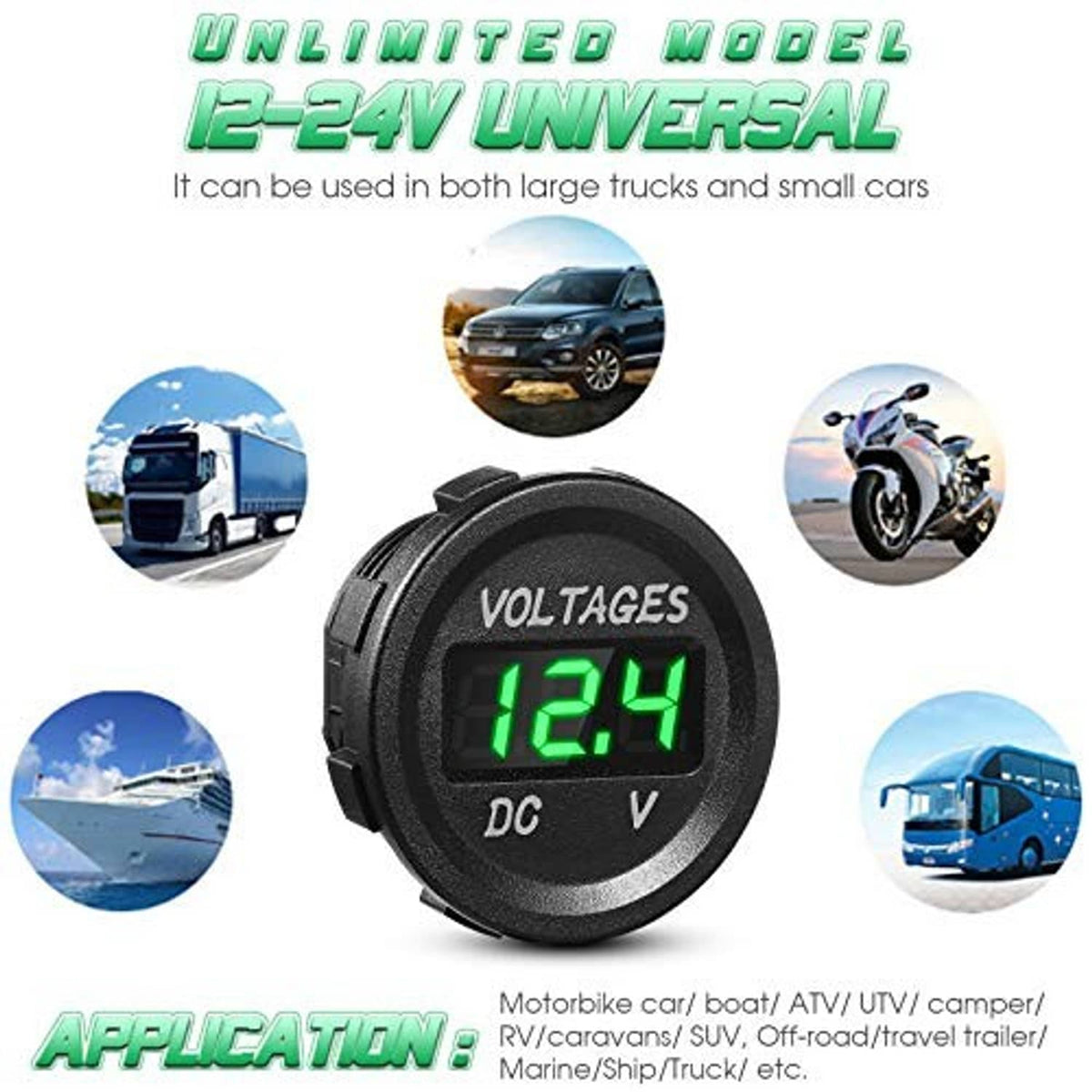 Universal DC car voltage gauge with green LED voltmeter display reading 12.4