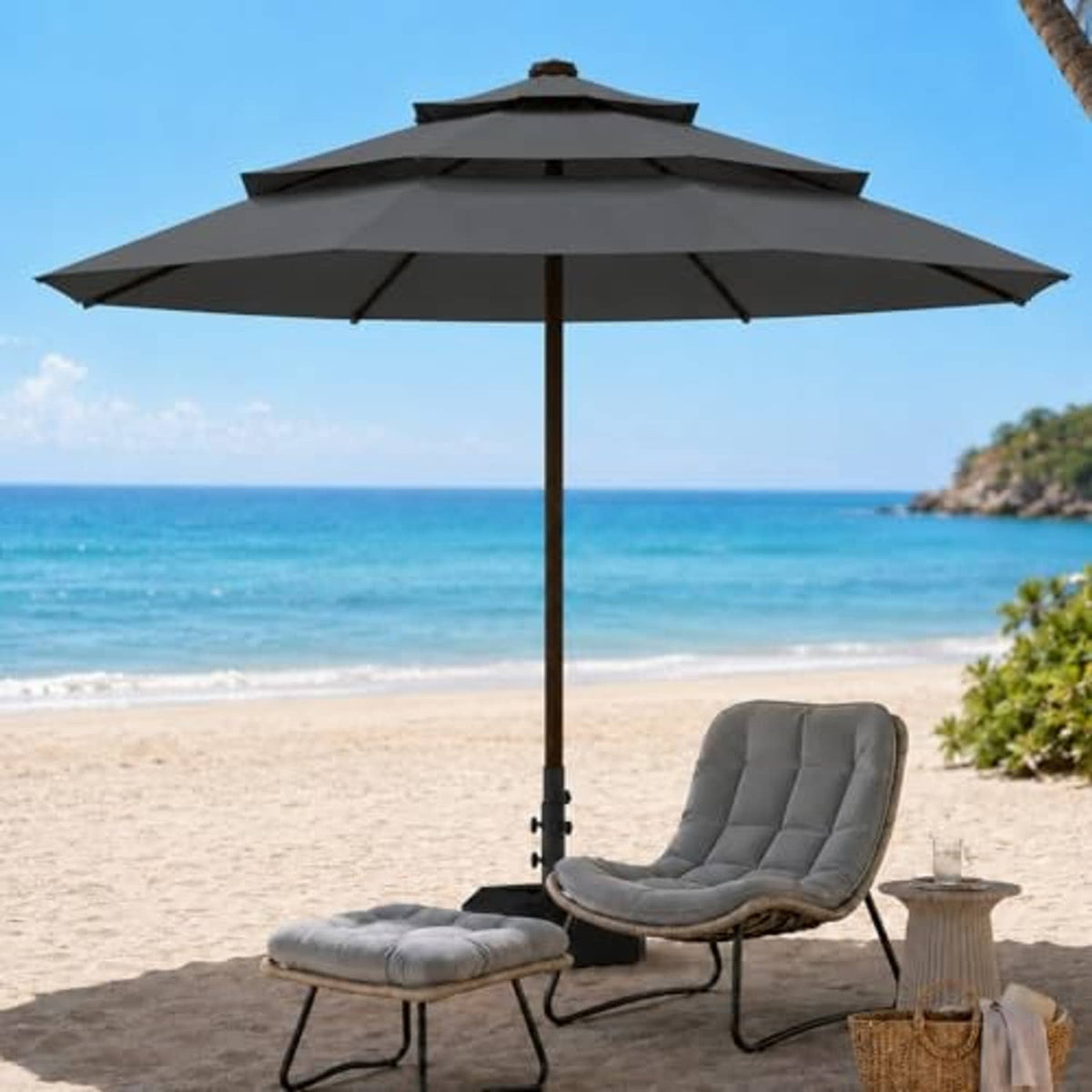 Grey vented 3-tier patio umbrella with open canopy and straight pole