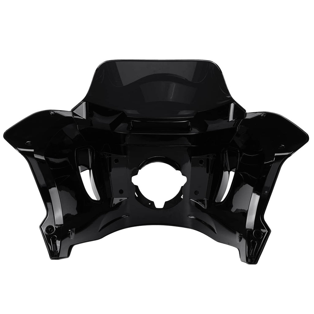 Black headlight fairing windshield with mounting bracket and circular cutout