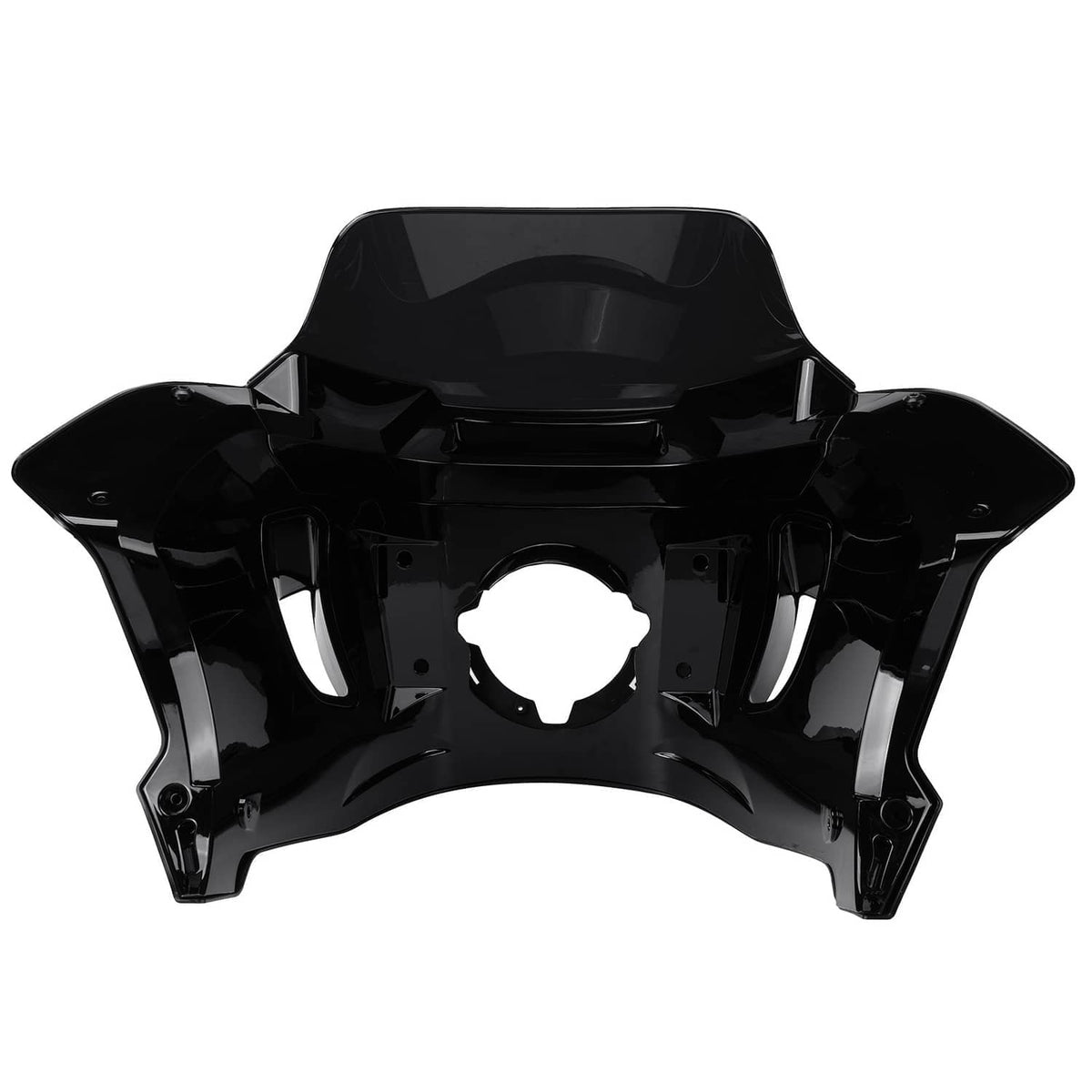 Black headlight fairing windshield with mounting bracket and circular cutout