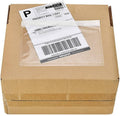 Clear adhesive top-loading packing list pouch on brown cardboard shipping box