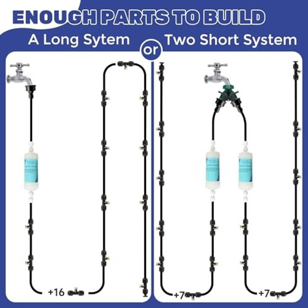 Outdoor patio misting system hose with nozzles, fittings, and filter cartridges