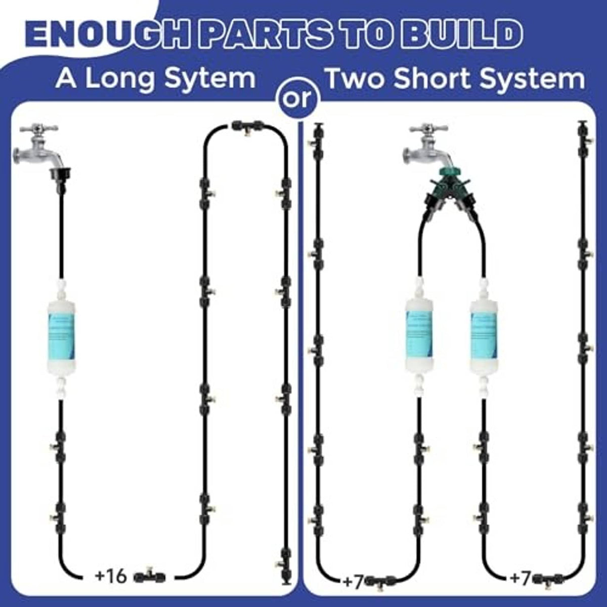 Outdoor patio misting system hose with nozzles, fittings, and filter cartridges