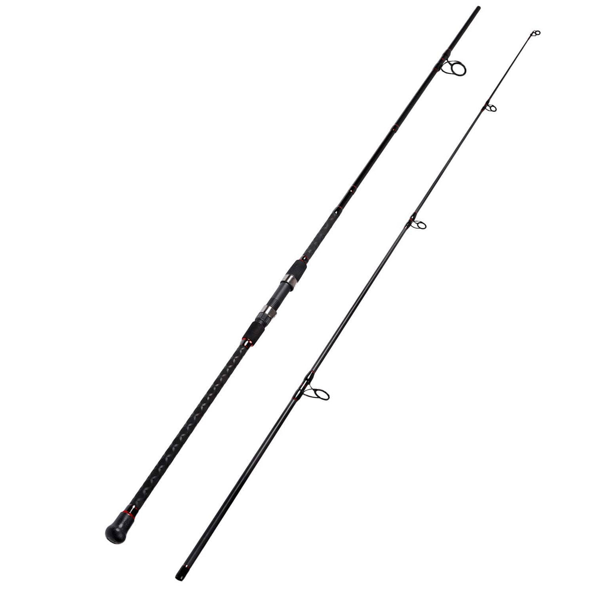 Two black surf spinning fishing rods with line guides and protective end caps