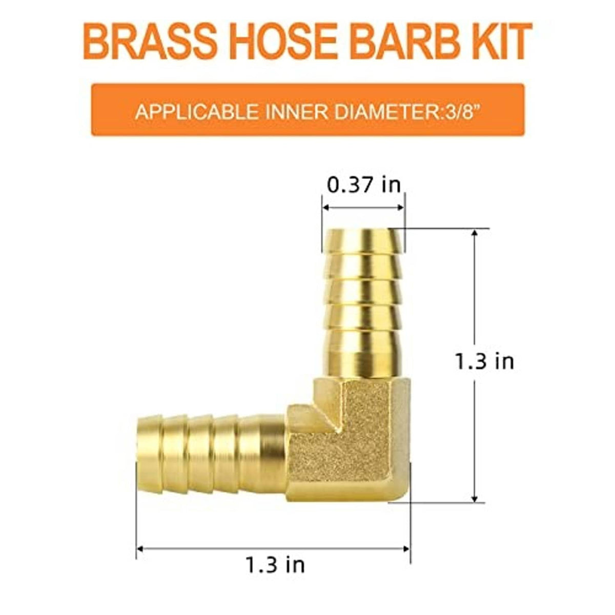 Brass 90-degree hose barb elbow fitting with barbed end and size diagram