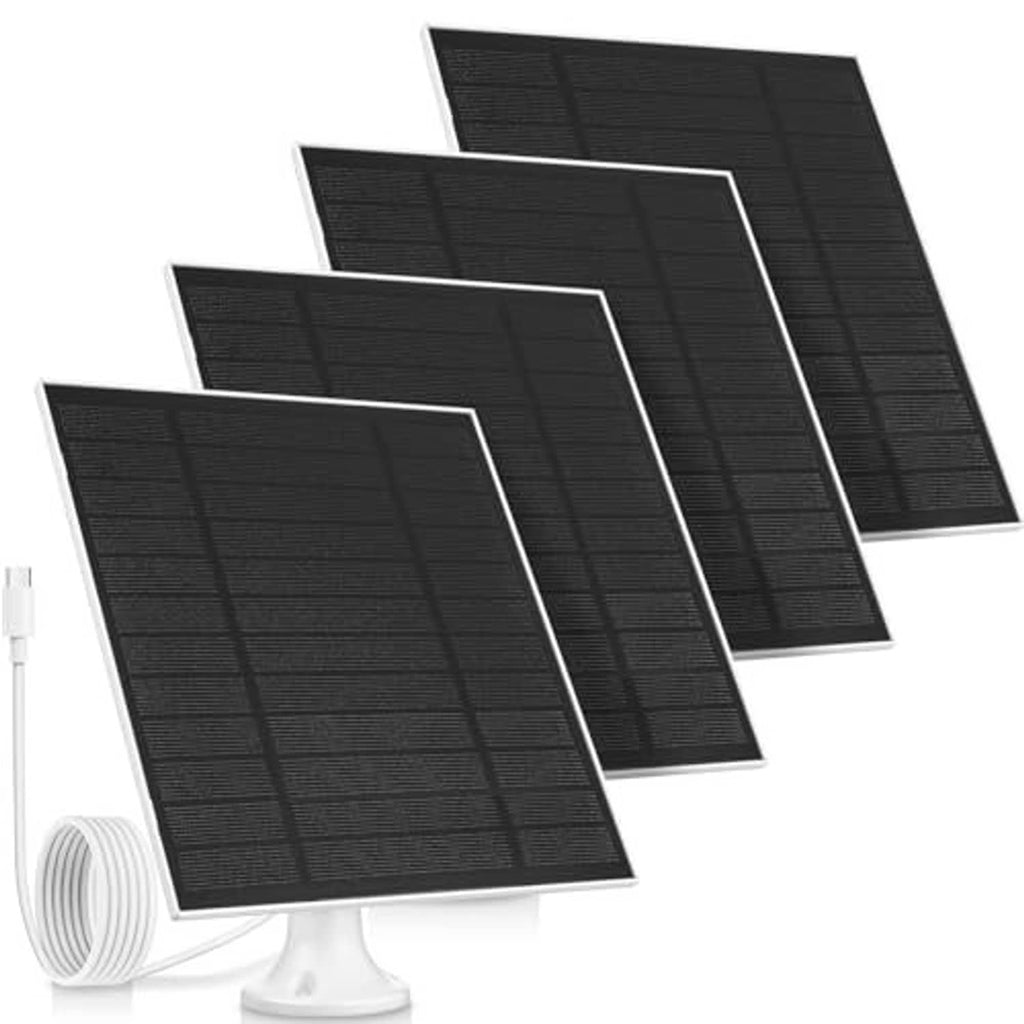 Set of four black flexible solar panels with white stands and cable coil