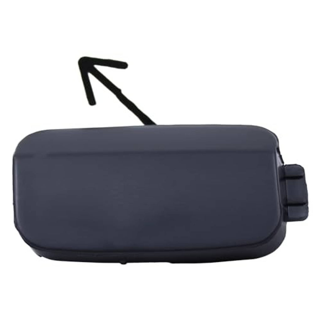 Rear tow hook eye cover cap side view with rectangular tab, dark blue/black