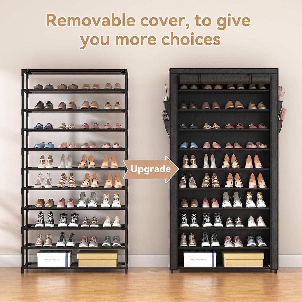 Black 10-tier shoe rack cabinet with removable cover for adjustable storage layout