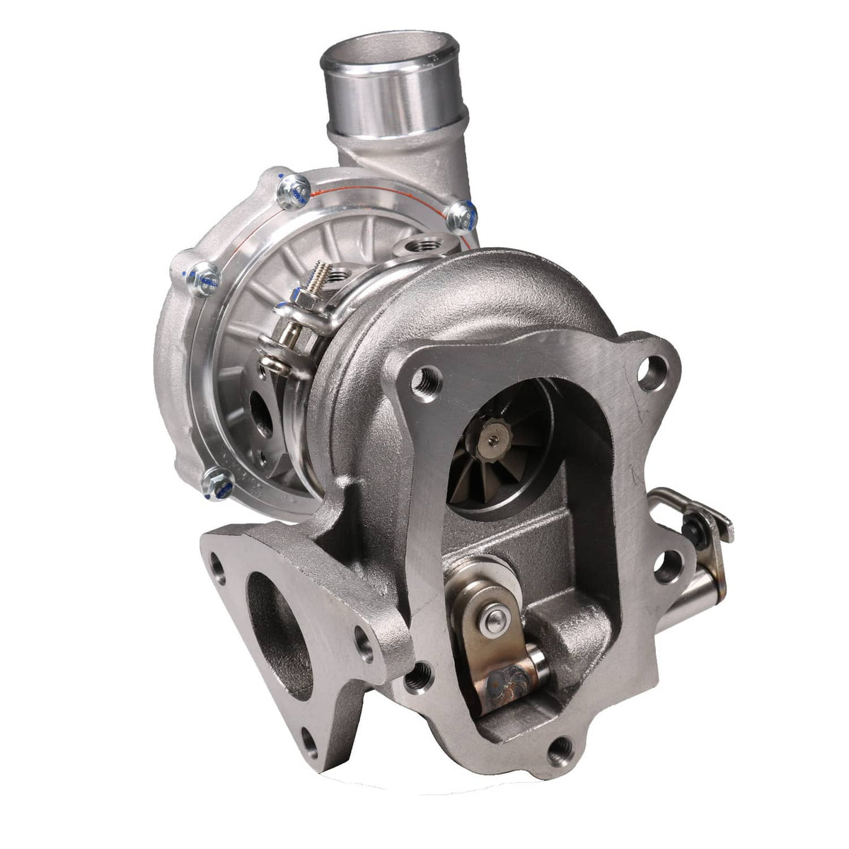 Turbocharger with silver housing, compressor inlet, and black turbine area, front view
