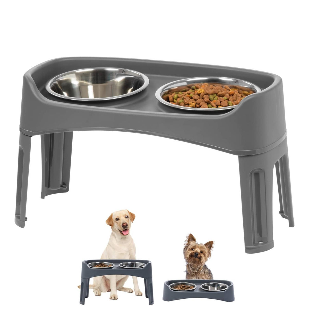 Grey elevated dog bowl stand with two stainless steel food and water bowls