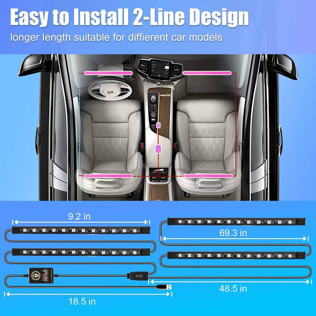 Two-line RGB LED interior light strips with length measurements and wiring box
