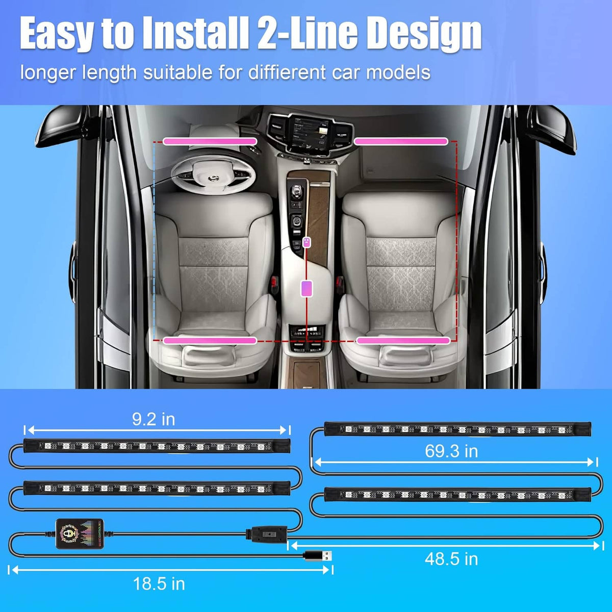 Two-line RGB LED interior light strips with length measurements and wiring box
