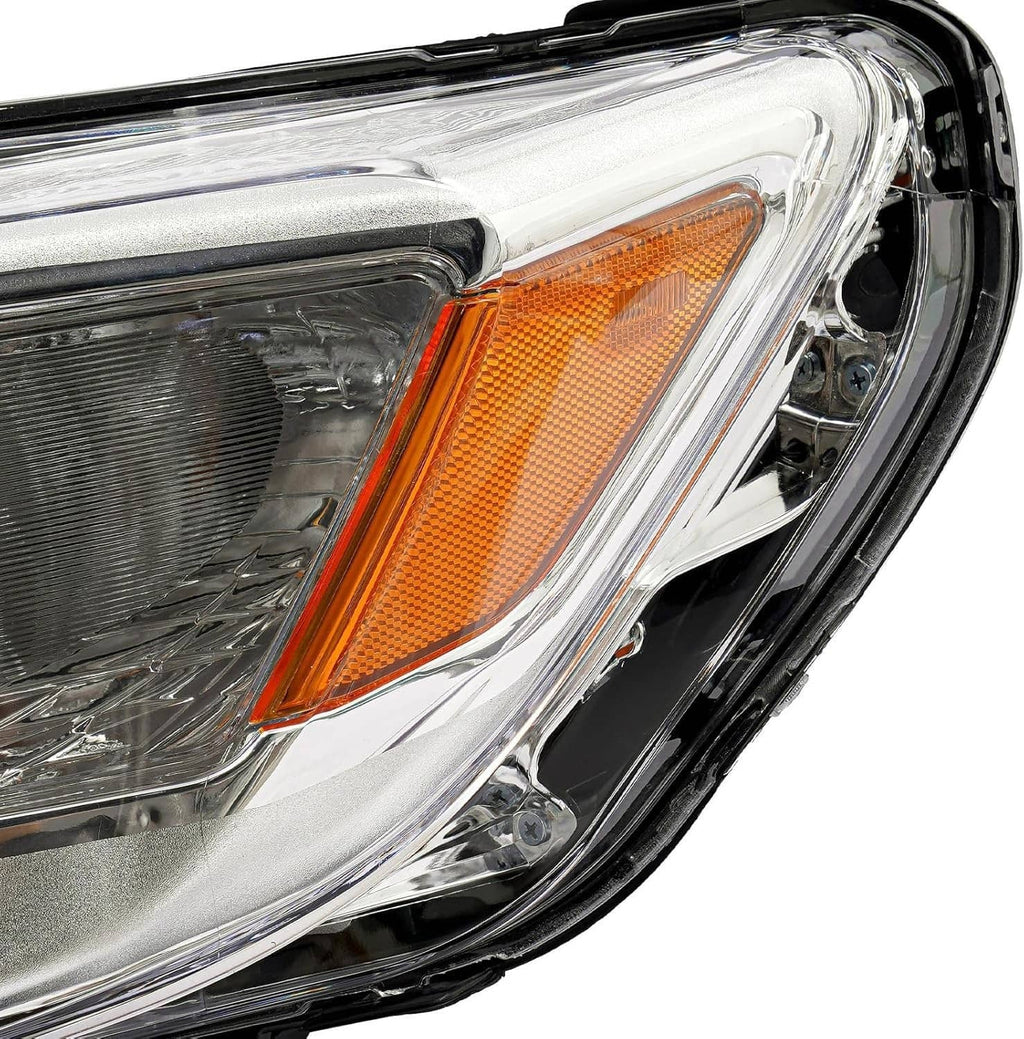 Left halogen headlight lens close-up with amber side marker and chrome reflector