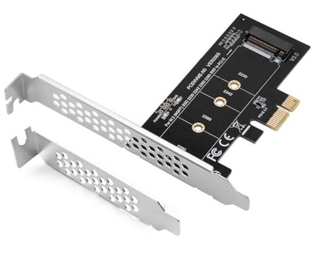 PCIe adapter card showing M.2 NVMe connector and full-length vented mounting bracket