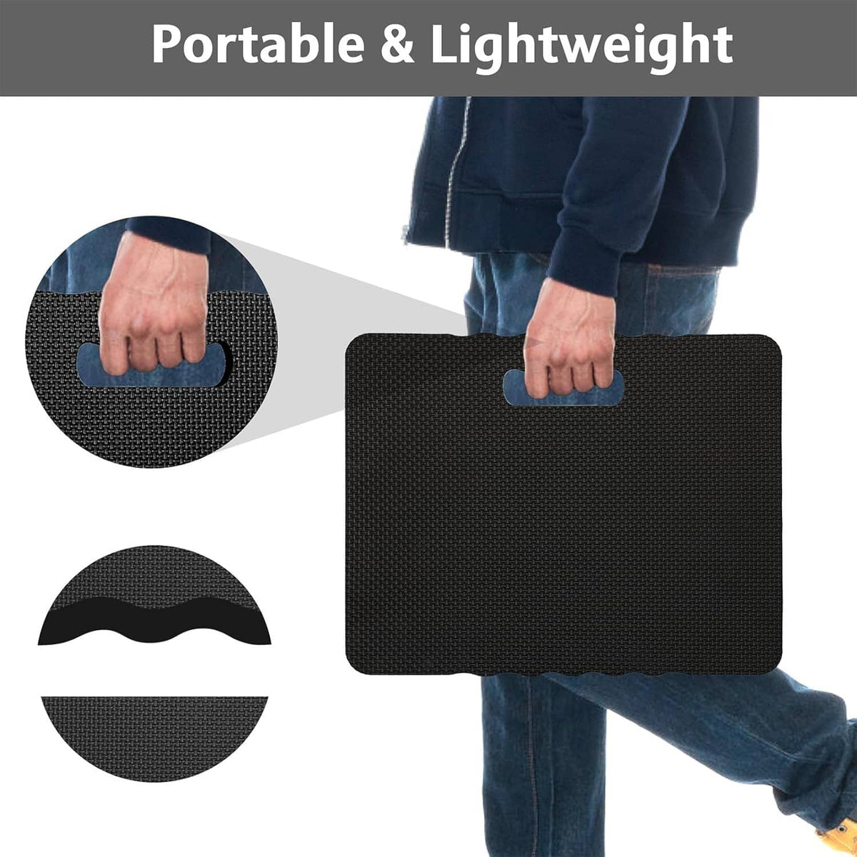 Black rectangular kneeling pad with molded handle cutout and grippy textured top
