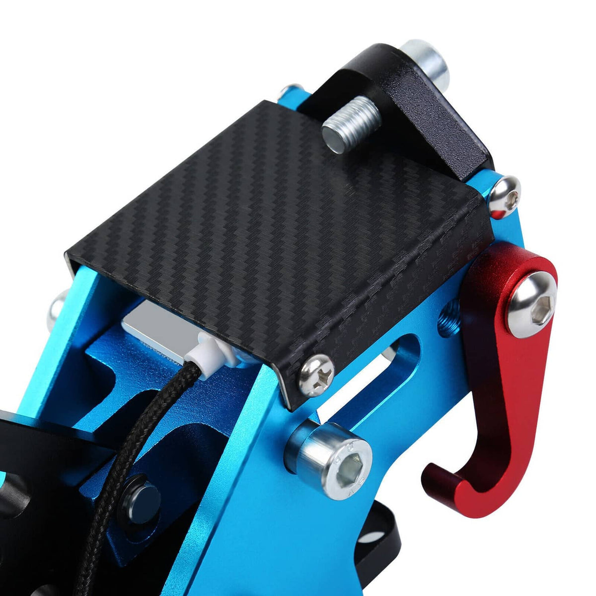 Blue racing game handbrake with carbon-fiber top plate and red lever handle