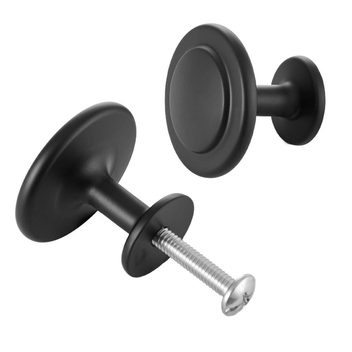 Black mushroom cabinet knobs with mounting screw, round face and threaded stem