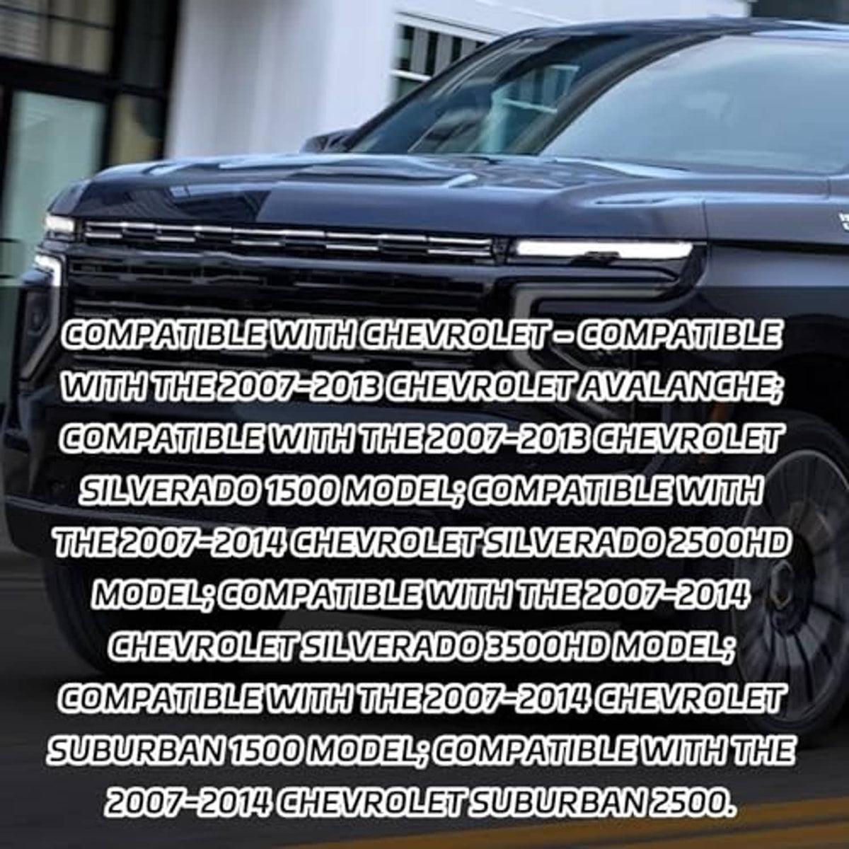 Black vehicle front with compatibility text overlay