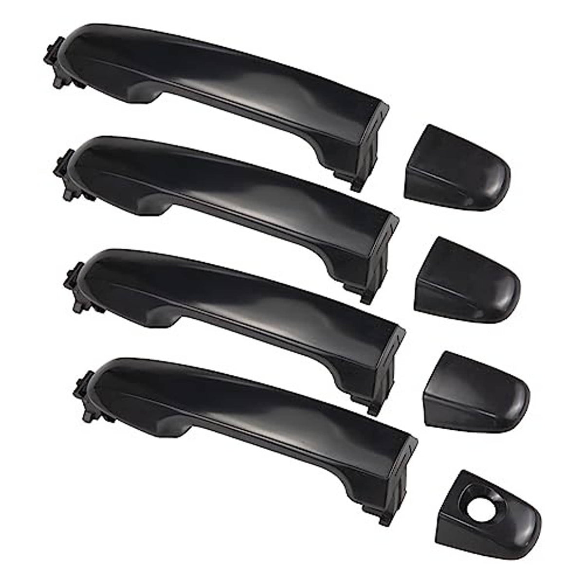 Black exterior door handle set showing four handles plus keyhole trim and caps
