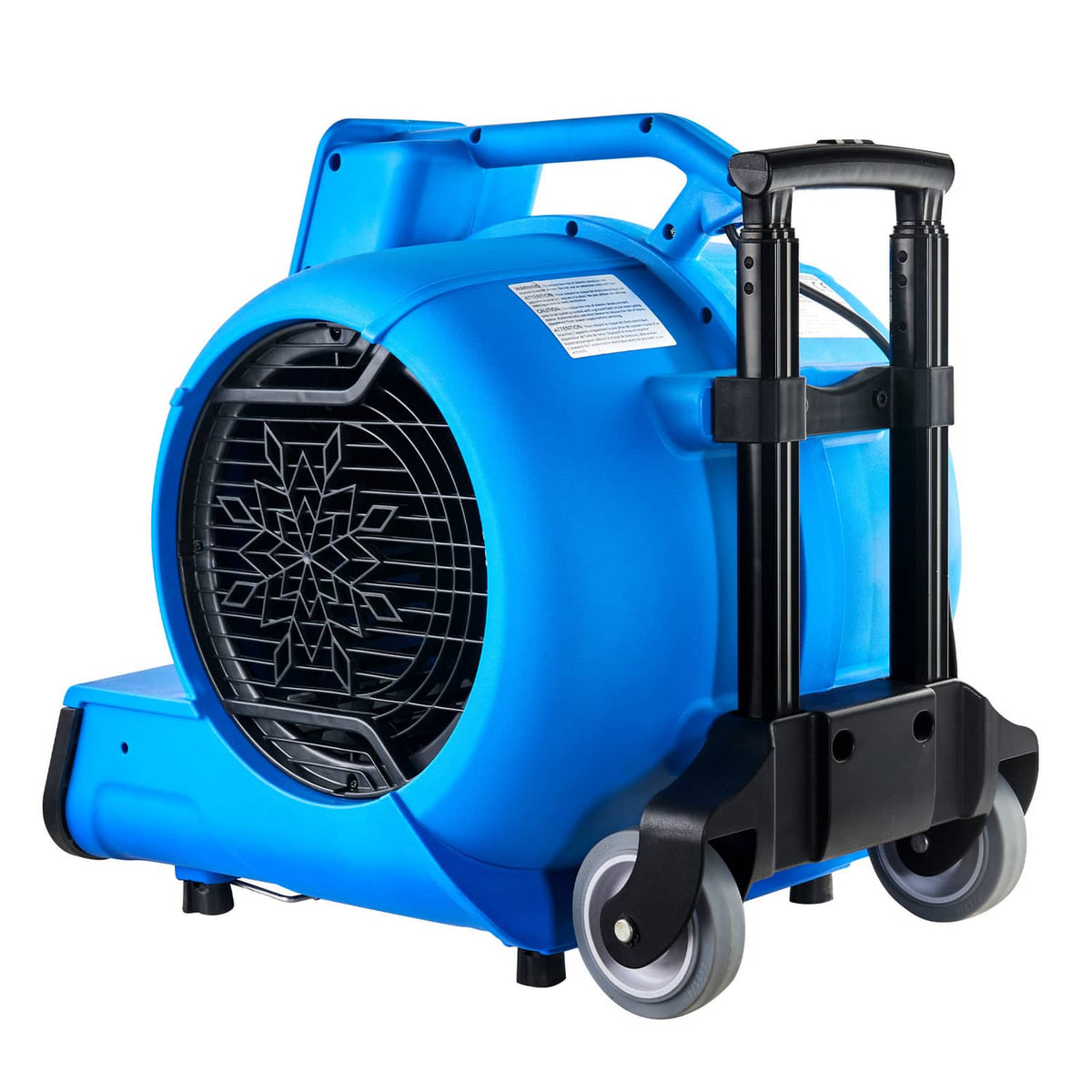 Blue floor blower with front fan grille, warning label, and two-wheel cart frame
