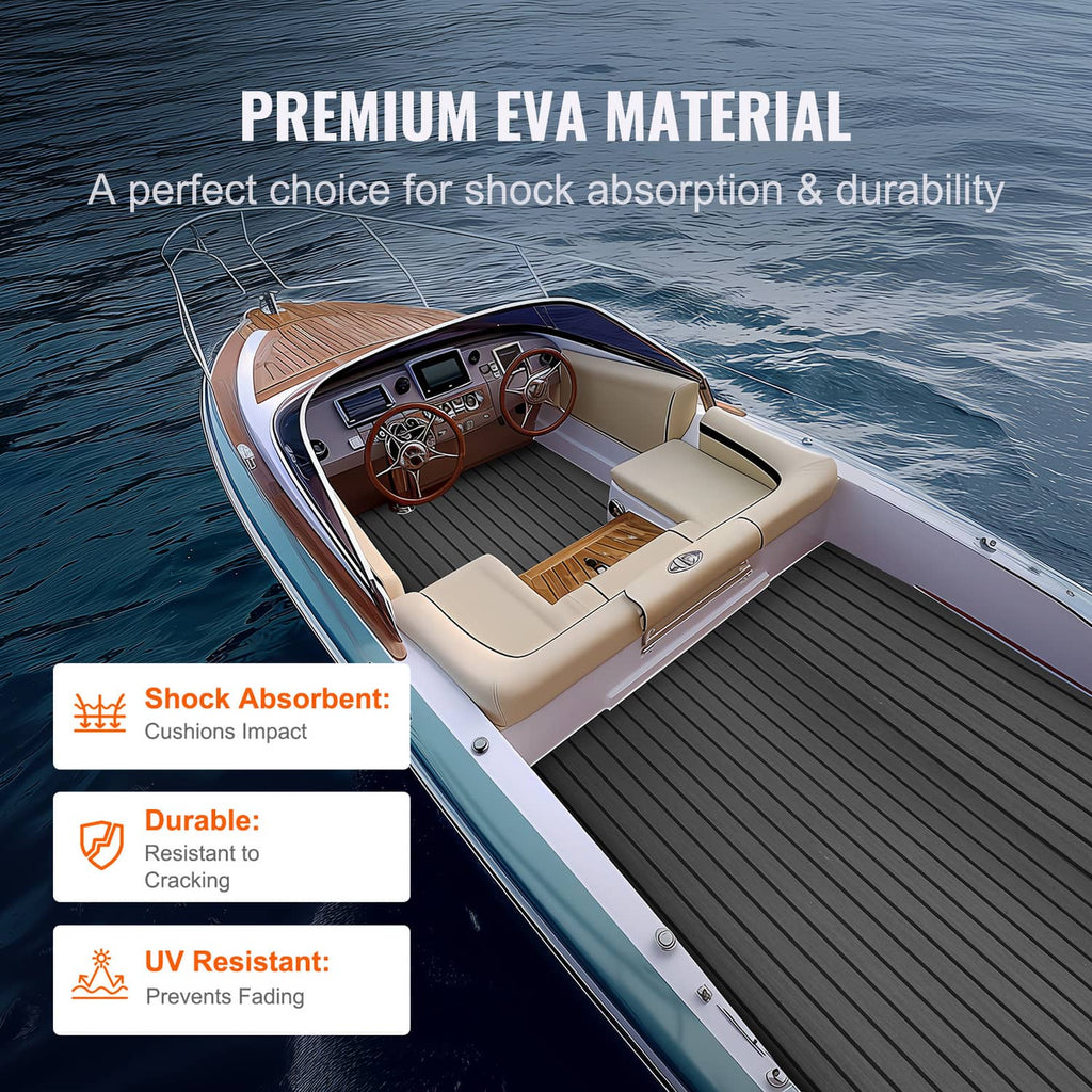 Dark gray EVA foam yacht deck flooring covering boat seating area with V-groove ridges