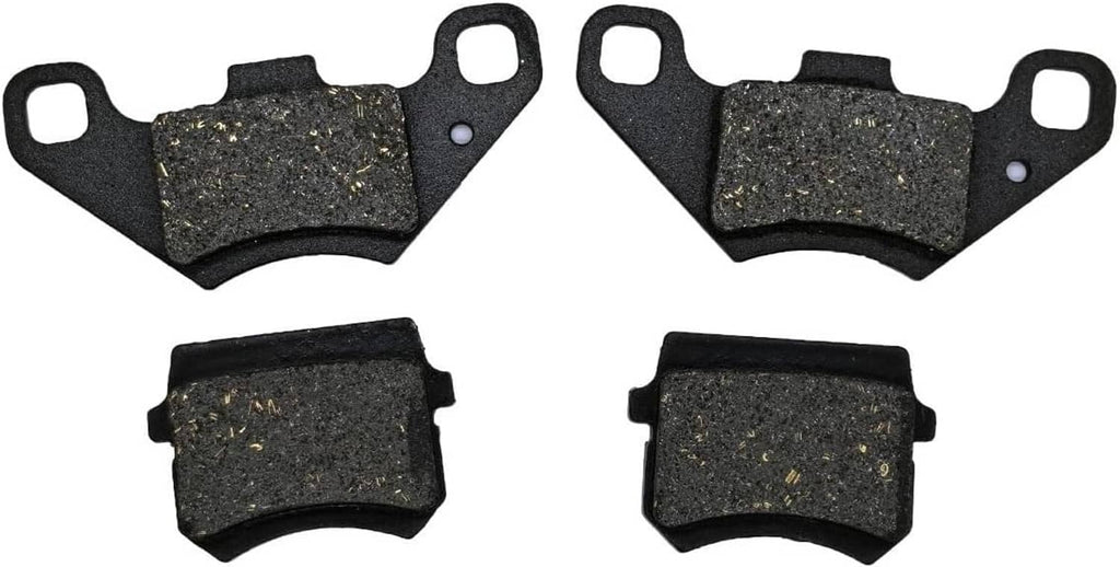 Front brake pads set, dark friction material with metal specks and mounting tabs