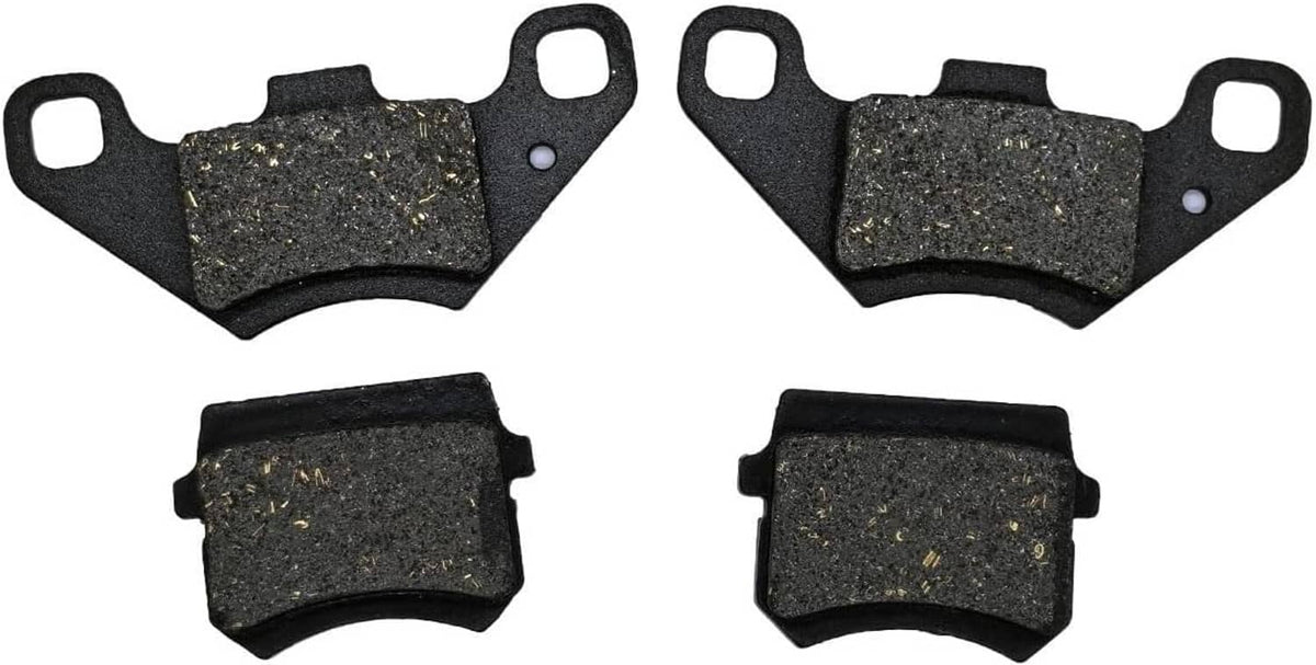 Front brake pads set, dark friction material with metal specks and mounting tabs