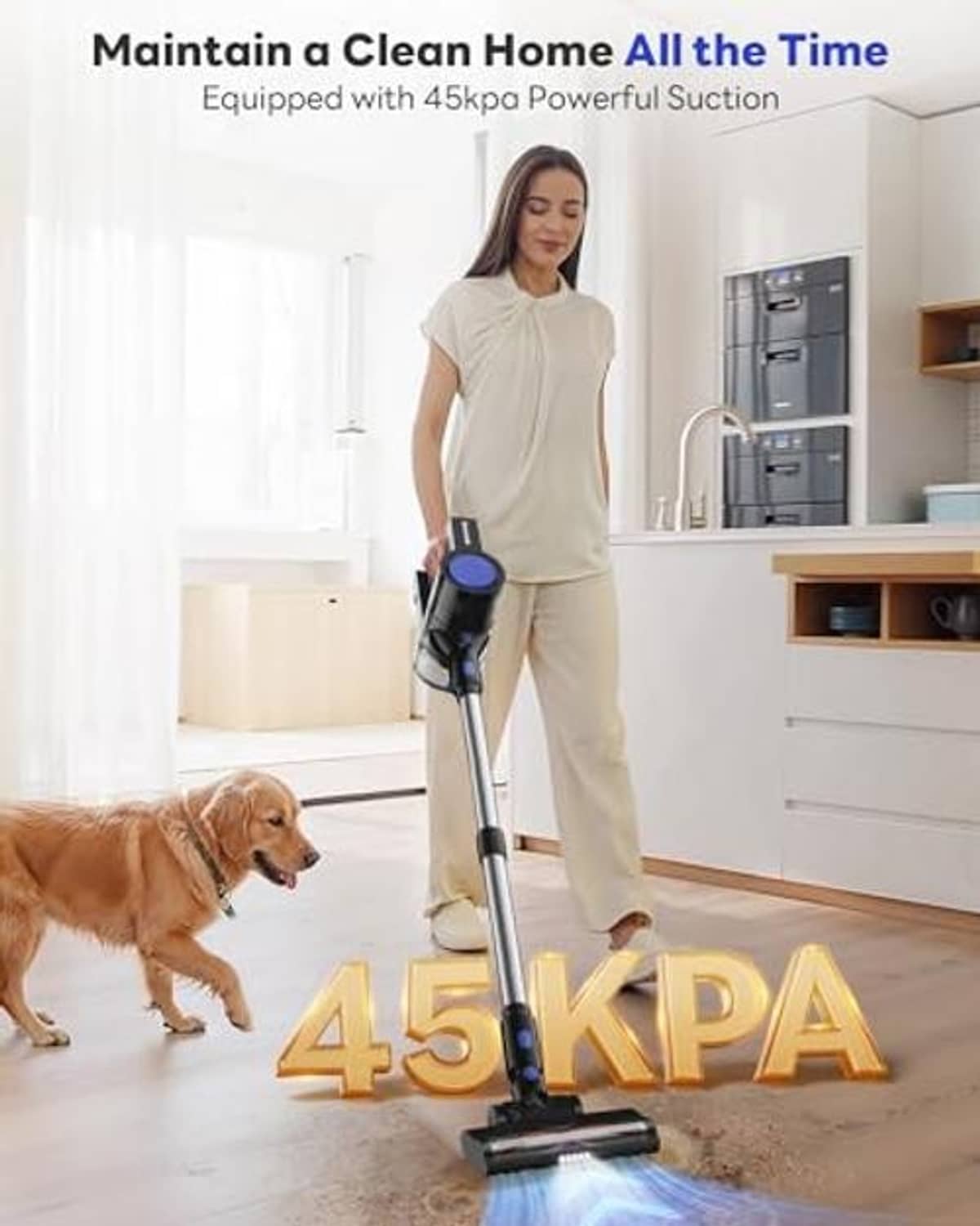 Cordless stick vacuum cleaner standing upright with blue dust canister and floor nozzle