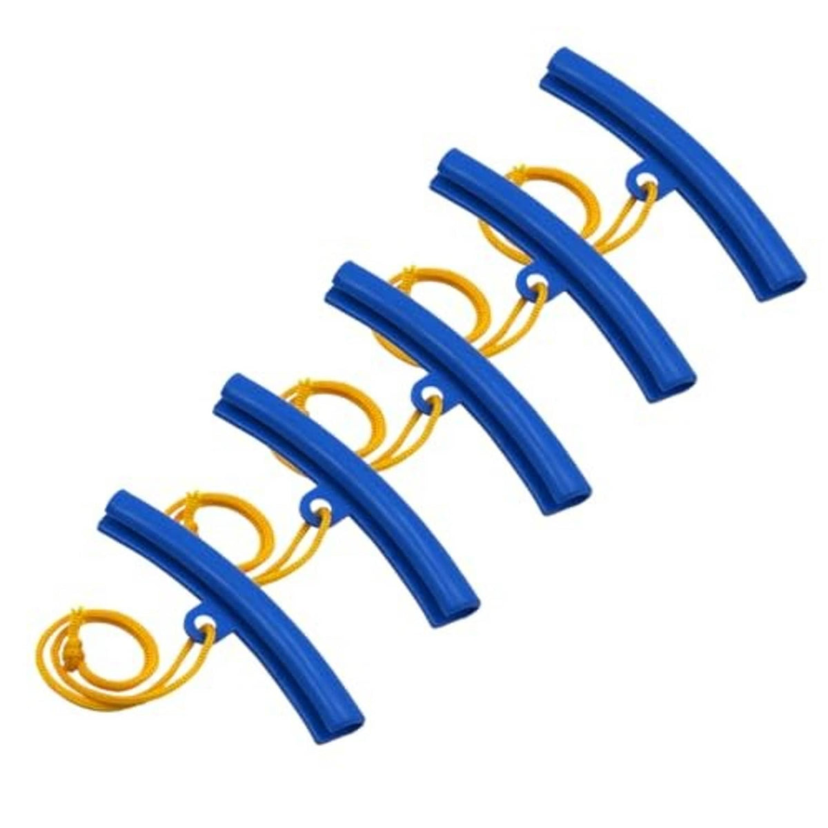 Five blue U-shaped rim protectors with yellow loops for tire changing