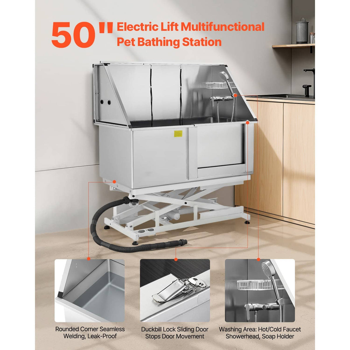 Electric pet bathing station with lifted tub, hanging hoses, and side wash compartment