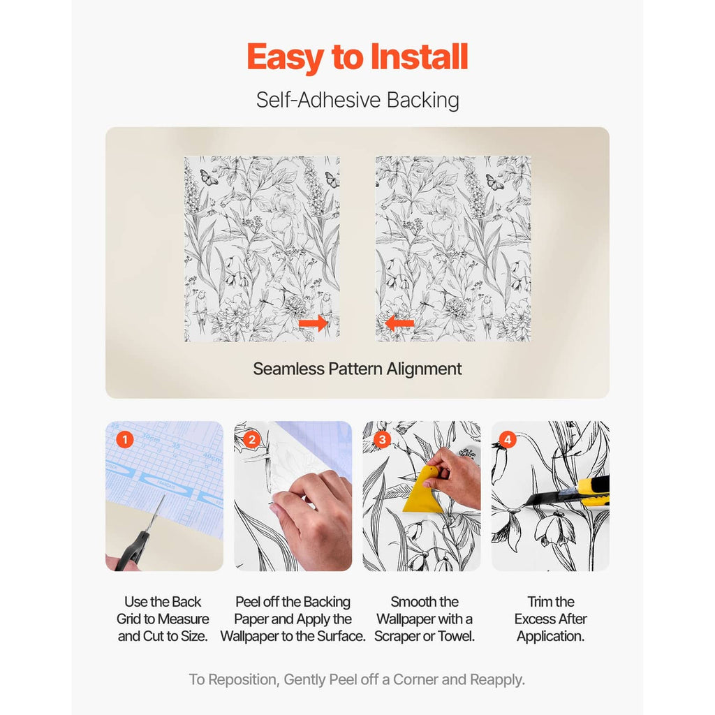 Self-adhesive wallpaper showing seam alignment and easy application steps