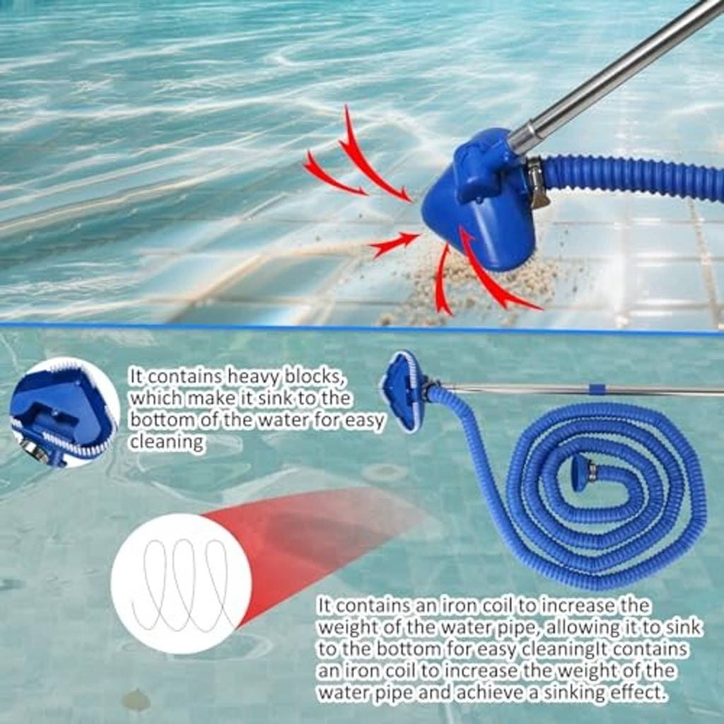 Pool vacuum suction head gliding on pool floor with blue coiled hose and pole