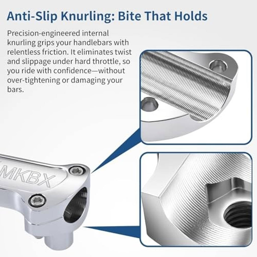 Close-up of chrome handlebar clamp with knurled internal grip surface for traction
