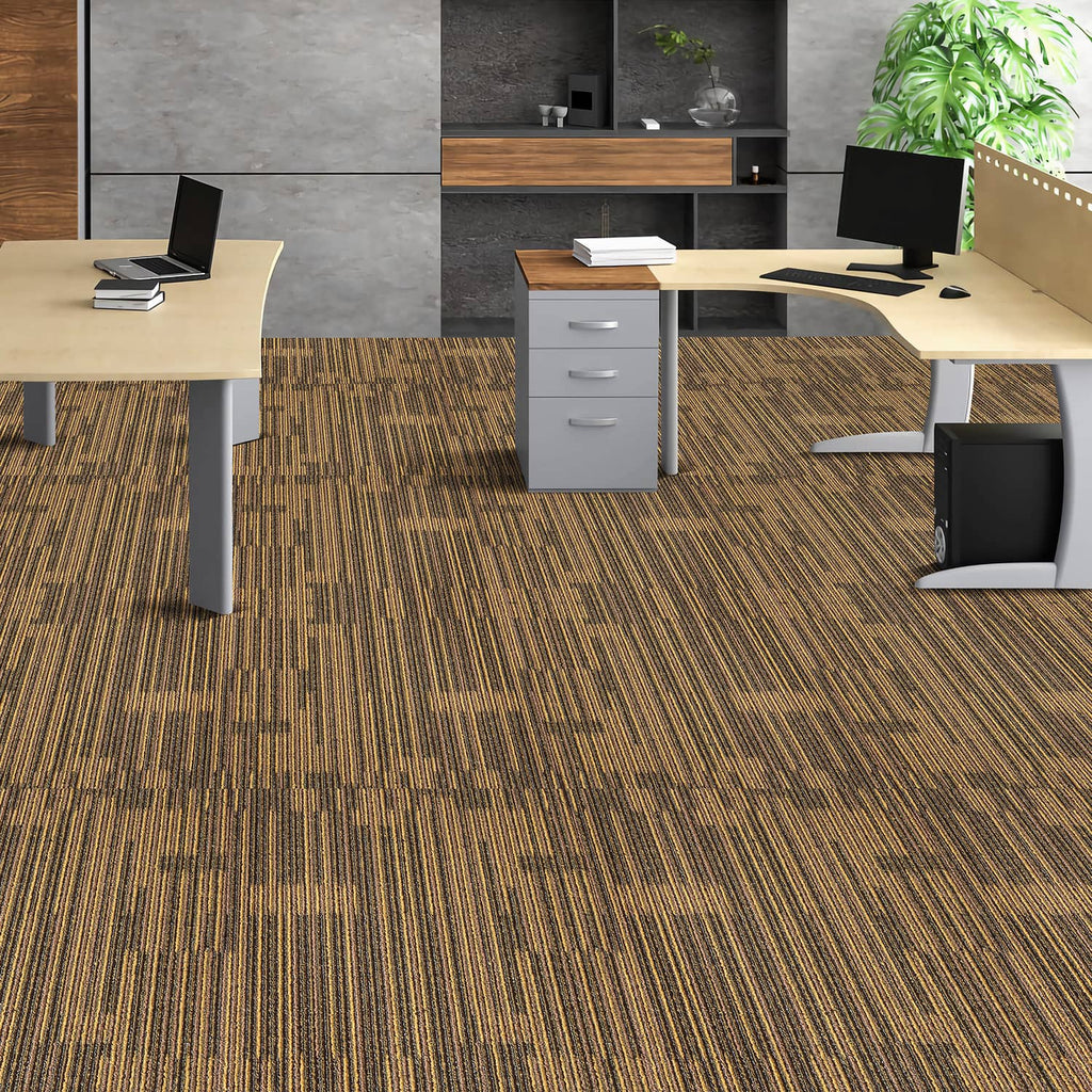 Brown mixed striped carpet tiles covering a room floor in multiple square sections