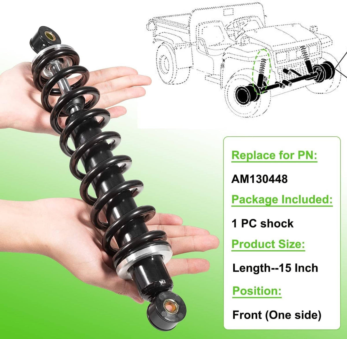 Front shock absorber held in hands, showing black coil spring and mounting eye