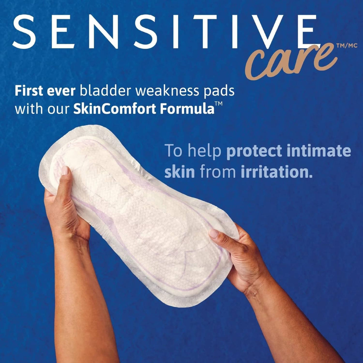 TENA Sensitive Care pad held in hands, SkinComfort Formula packaging