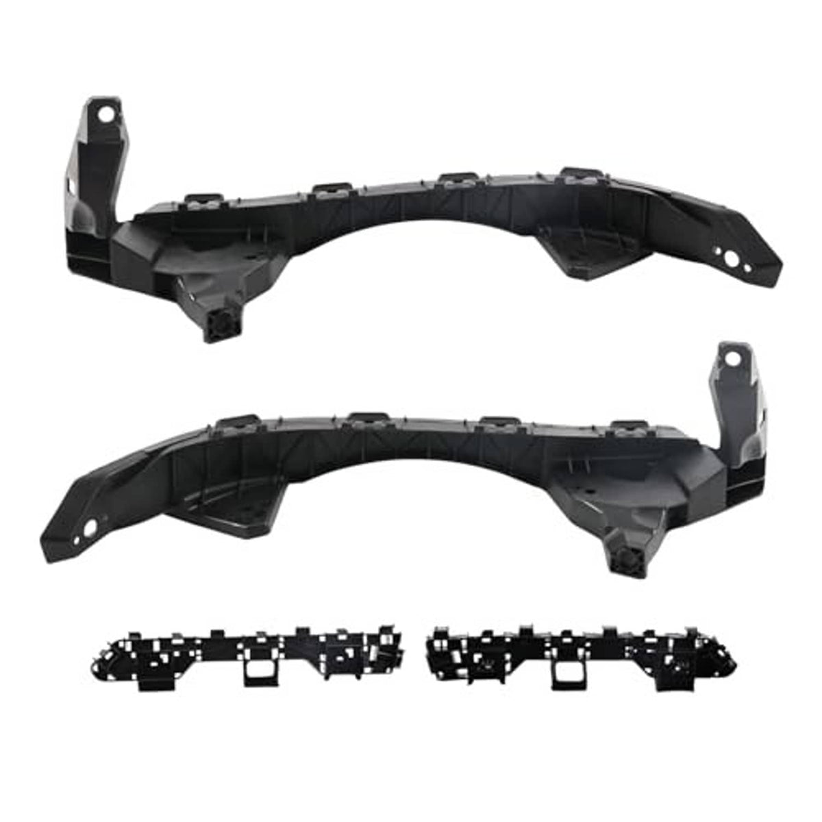 Front headlight bumper support brackets kit with two curved black plastic pieces and side mounting tabs