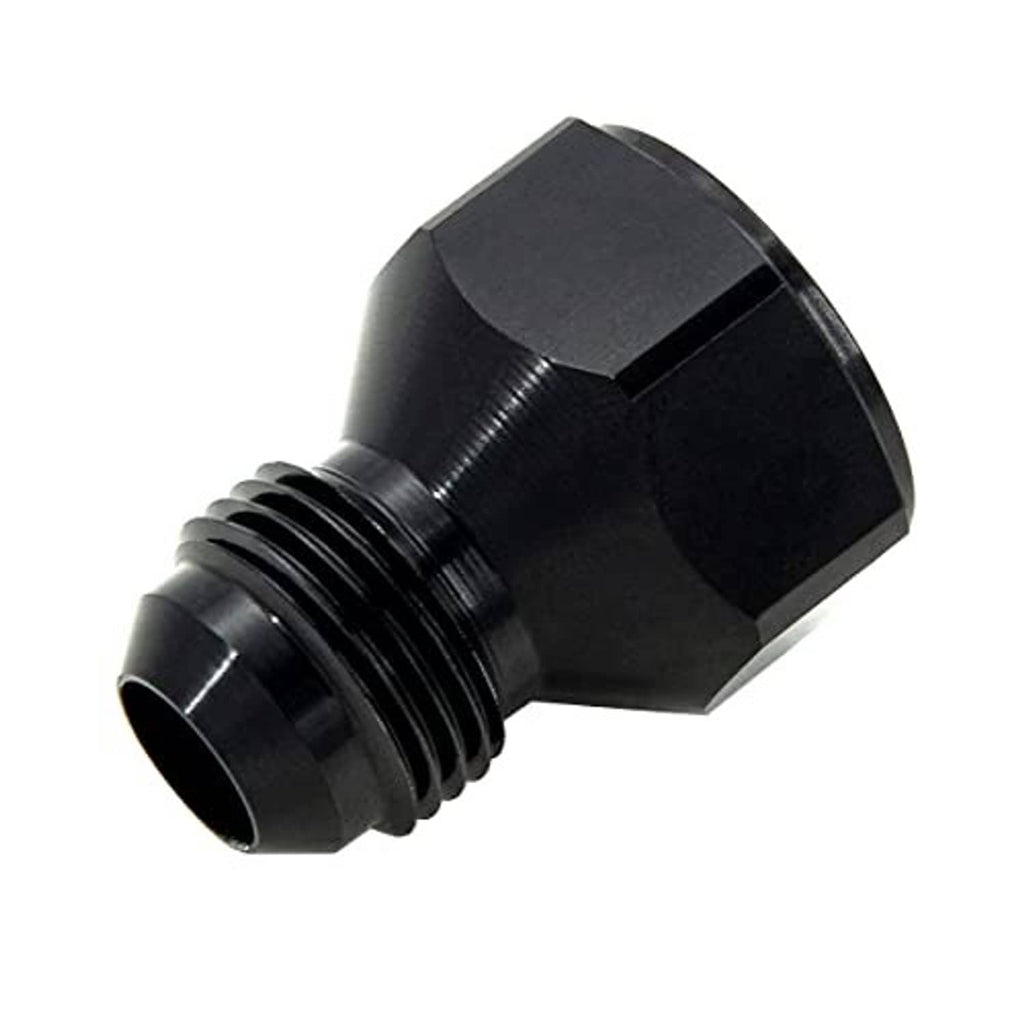 Black AN10 female to AN6 male flare reducer adapter, hex body and male threads