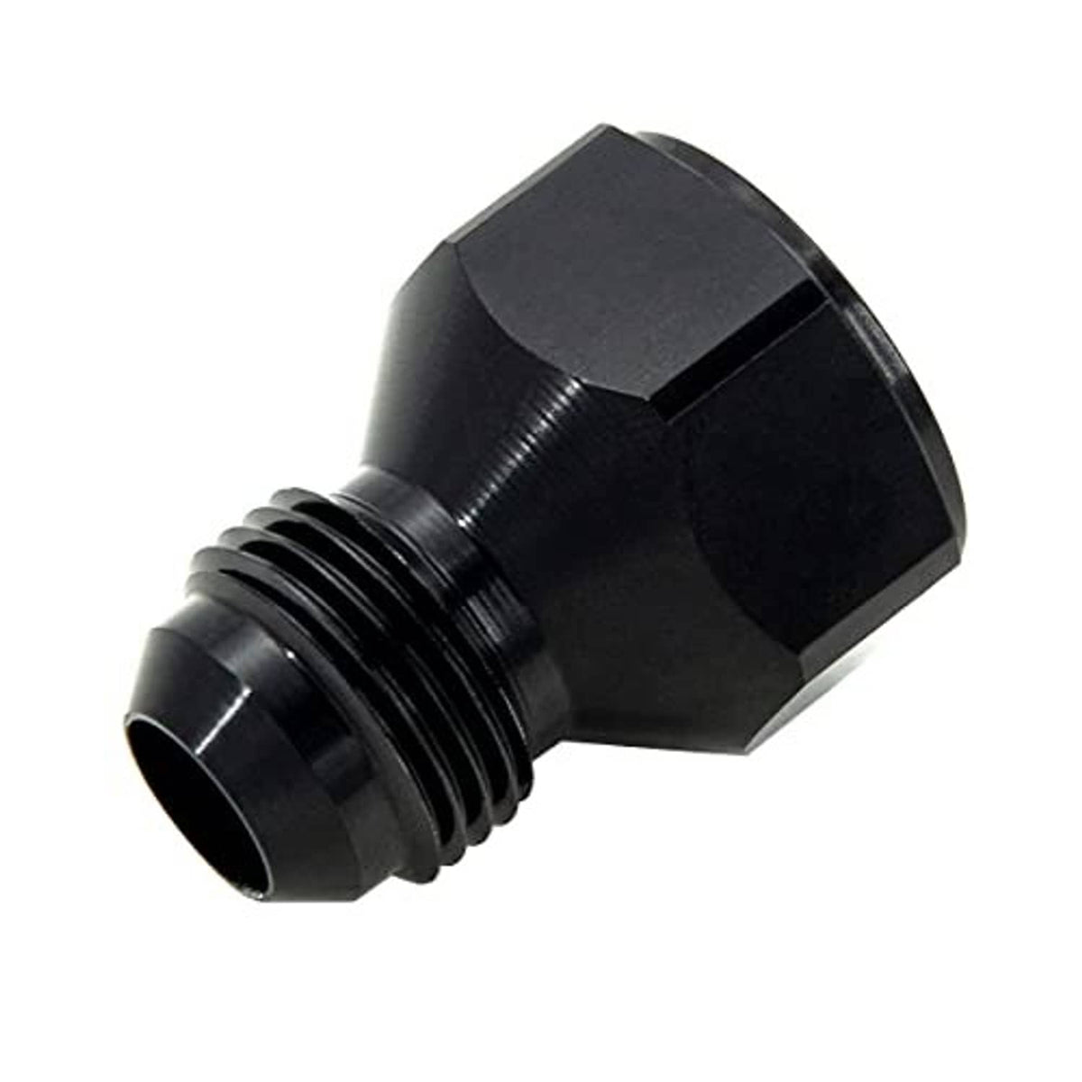 Black AN10 female to AN6 male flare reducer adapter, hex body and male threads