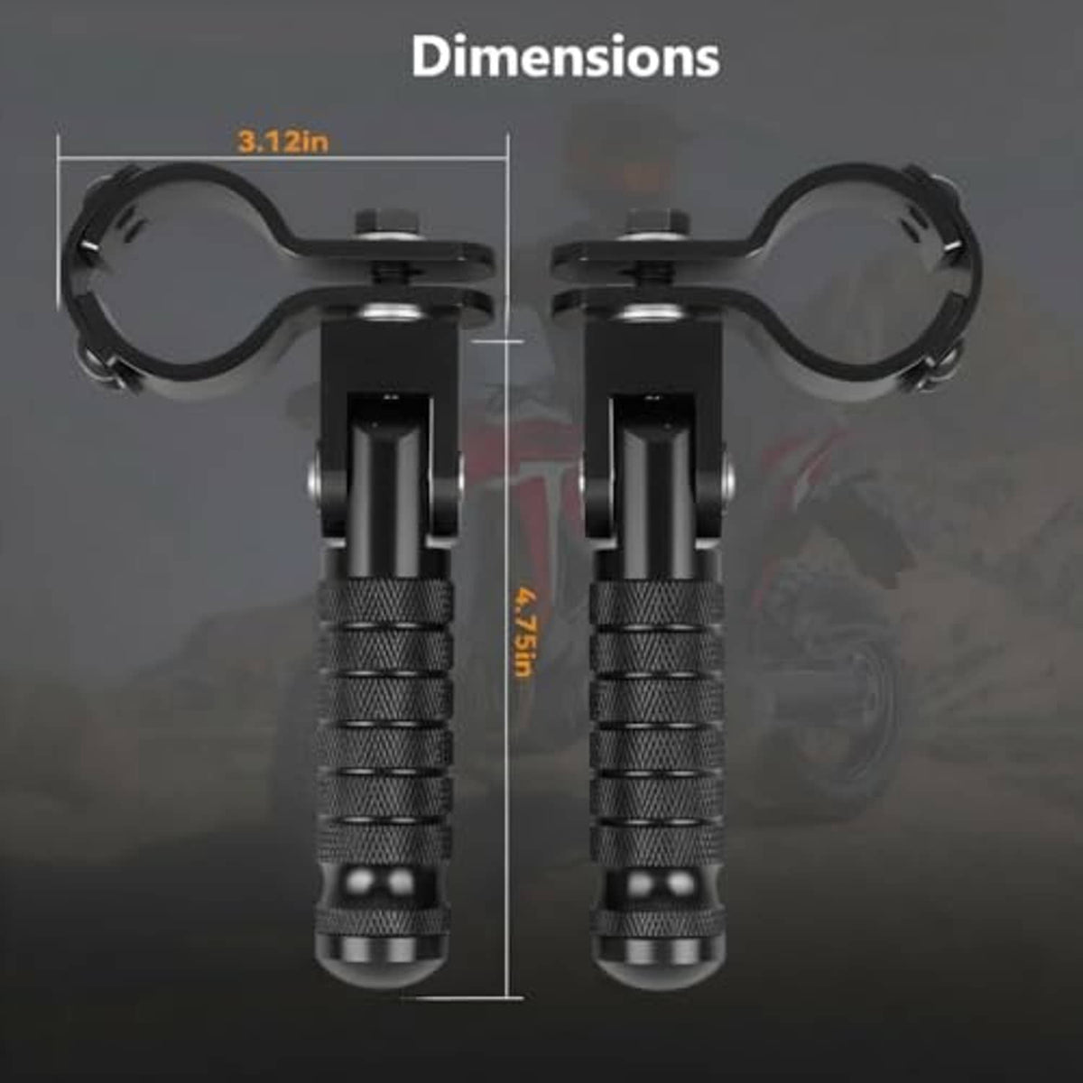Black motorcycle foot peg pair with curved folding brackets and ribbed rubber grips