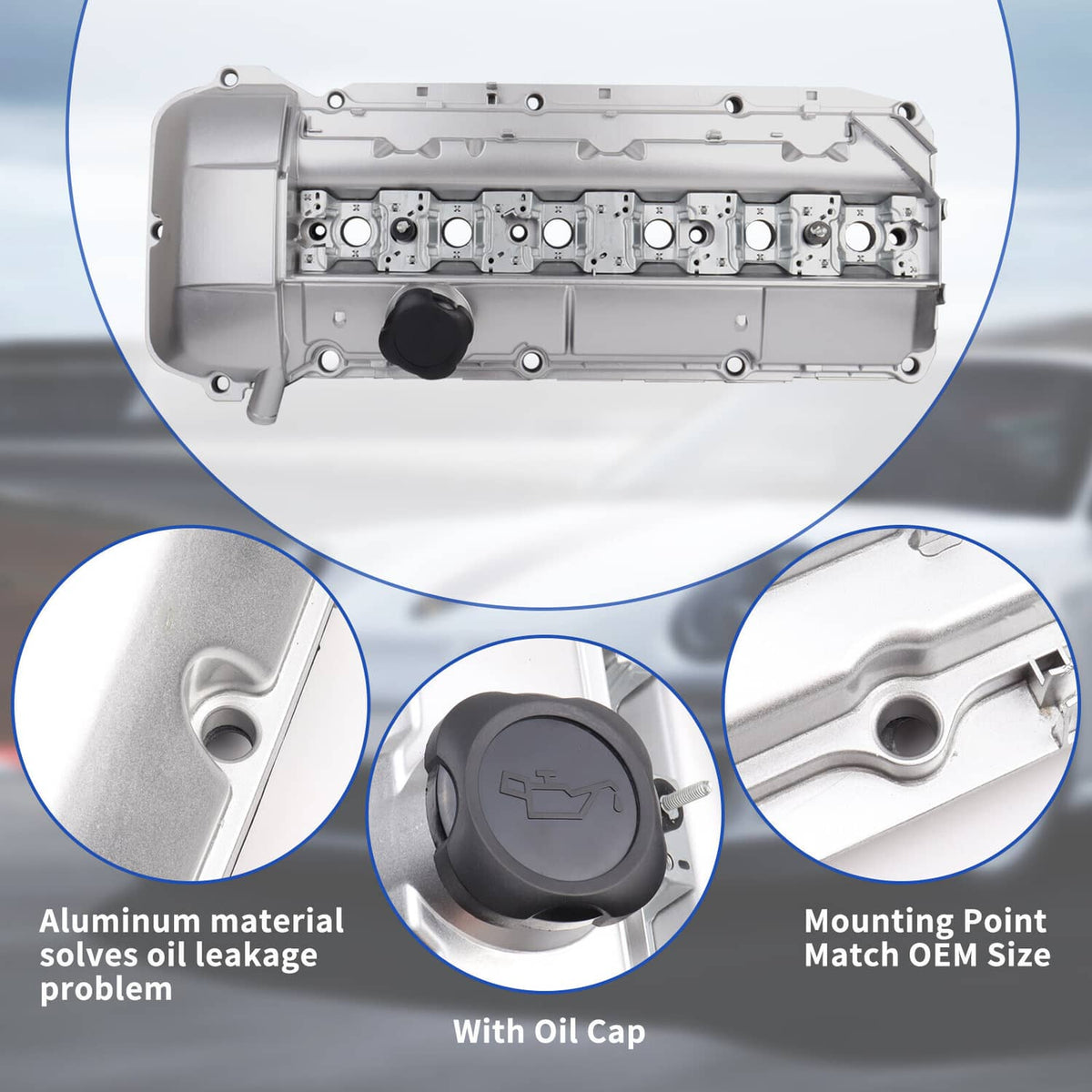 Silver valve cover with black oil cap and mounting points for gasket and hardware