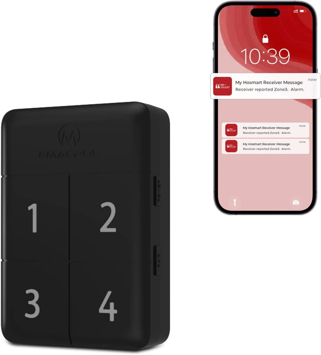 Black solar driveway alarm base station with 1–4 keypad and smartphone notification display