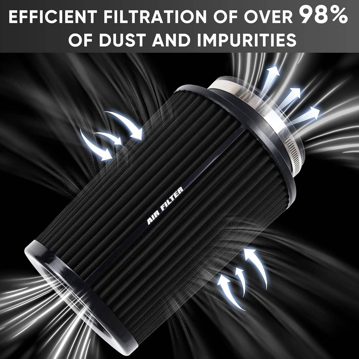 Black cylindrical air filter with pleated mesh surface and silver mounting collar