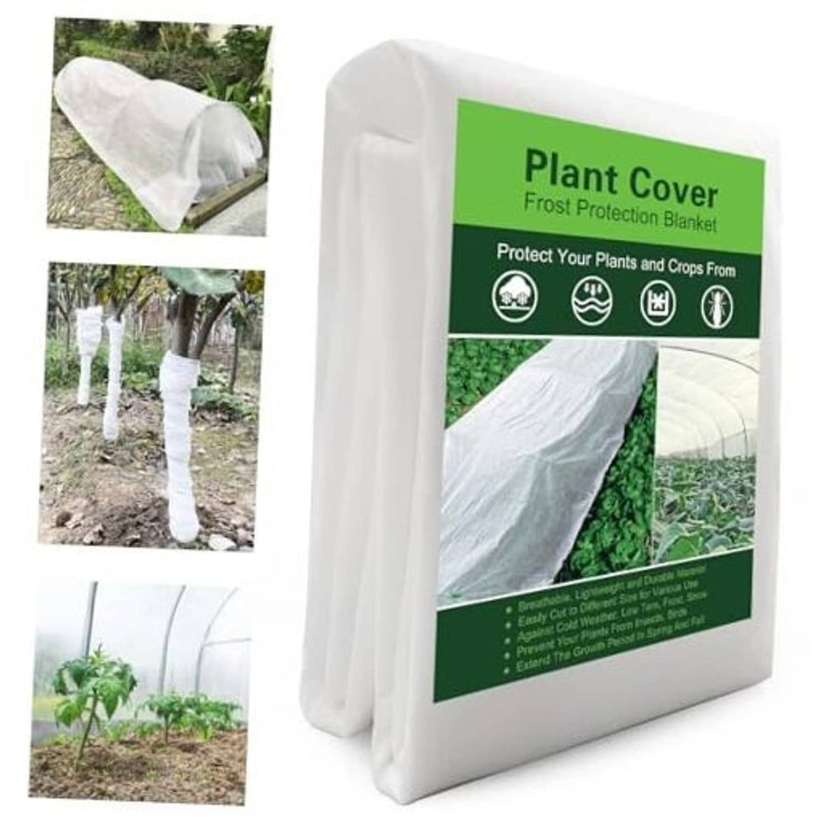 Plant freeze protection blanket package, white bag with green product label