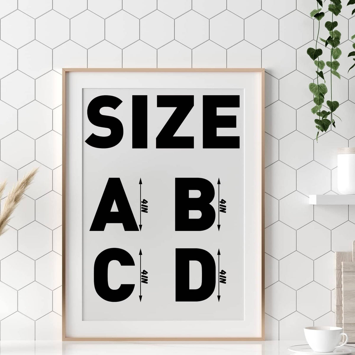 Letter vinyl stickers in a framed SIZE chart with A, B, C, D